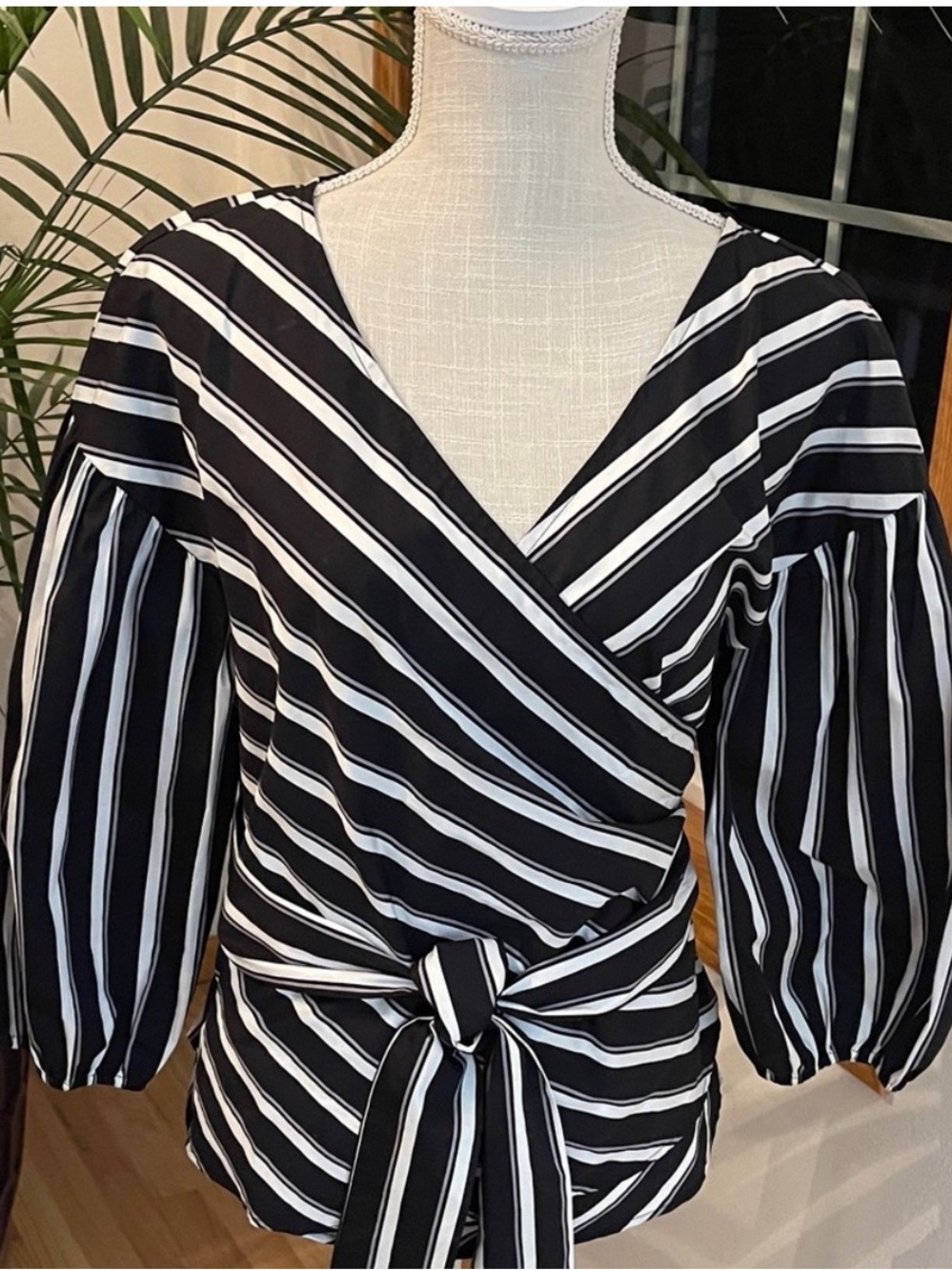 White House Black Market Black & White Striped Wrap Blouse